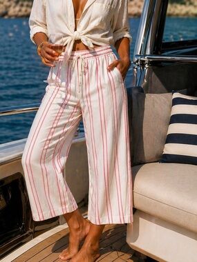 Tommy Bahama YachtWear Cream/ Red Striped Pants, Drawstring Waist, EUC, Size L